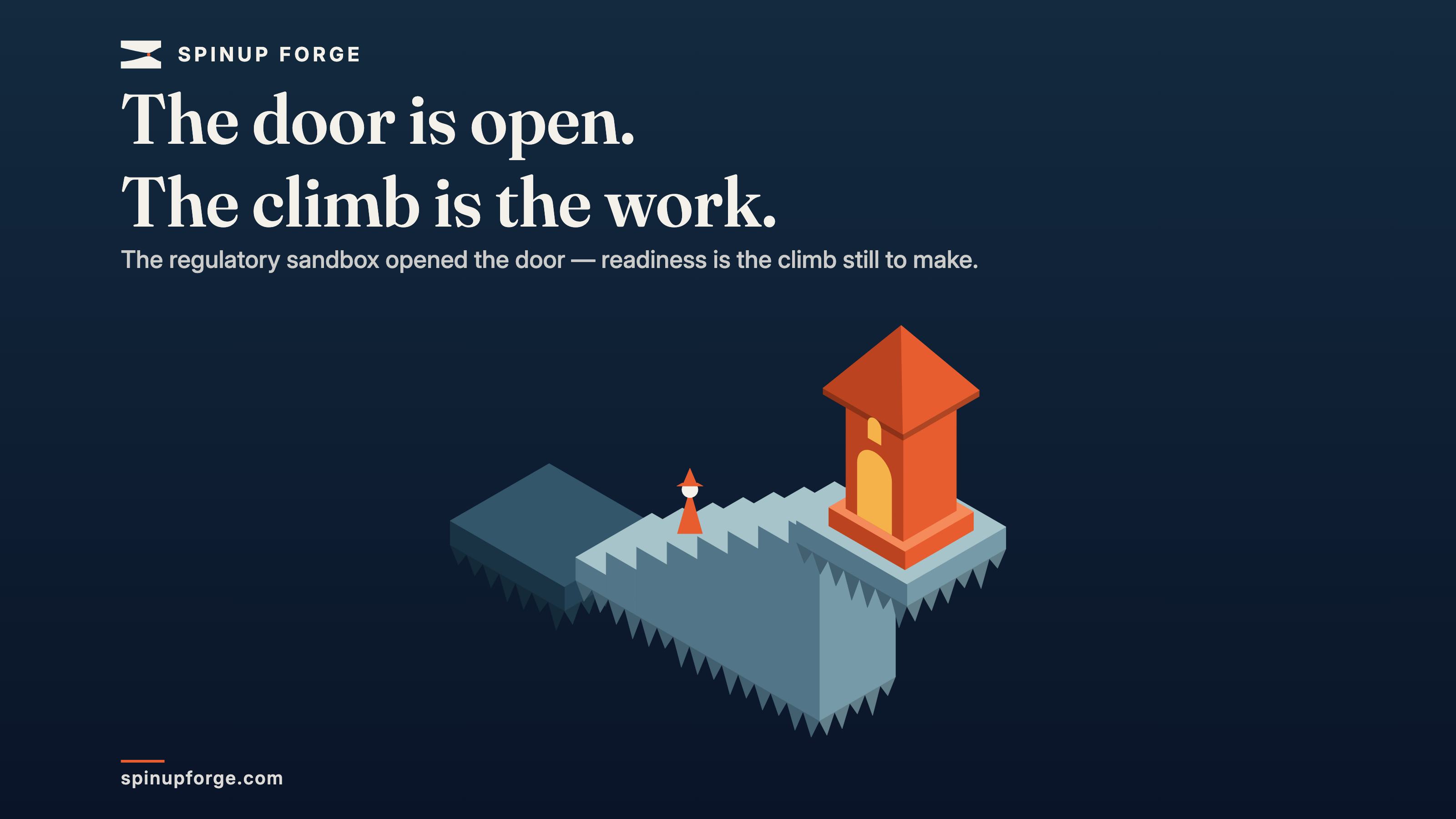 Isometric night scene — an ember-lit gateway with an open, glowing doorway stands at the summit of a floating staircase; a lone wayfarer is only part-way up the climb, a gap of empty stairs between the figure and the open door.